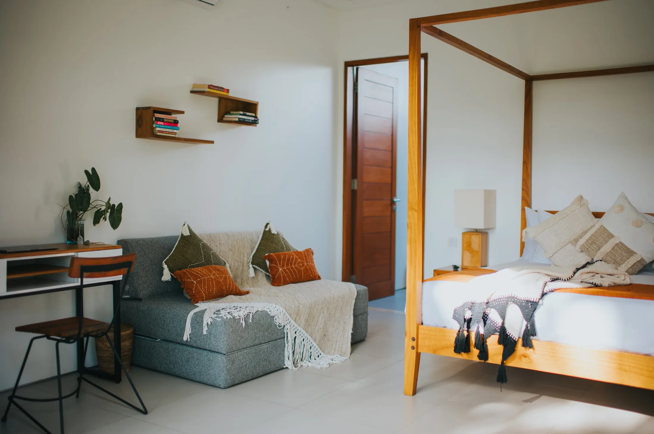 Warm bedroom suite with natural timber furniture