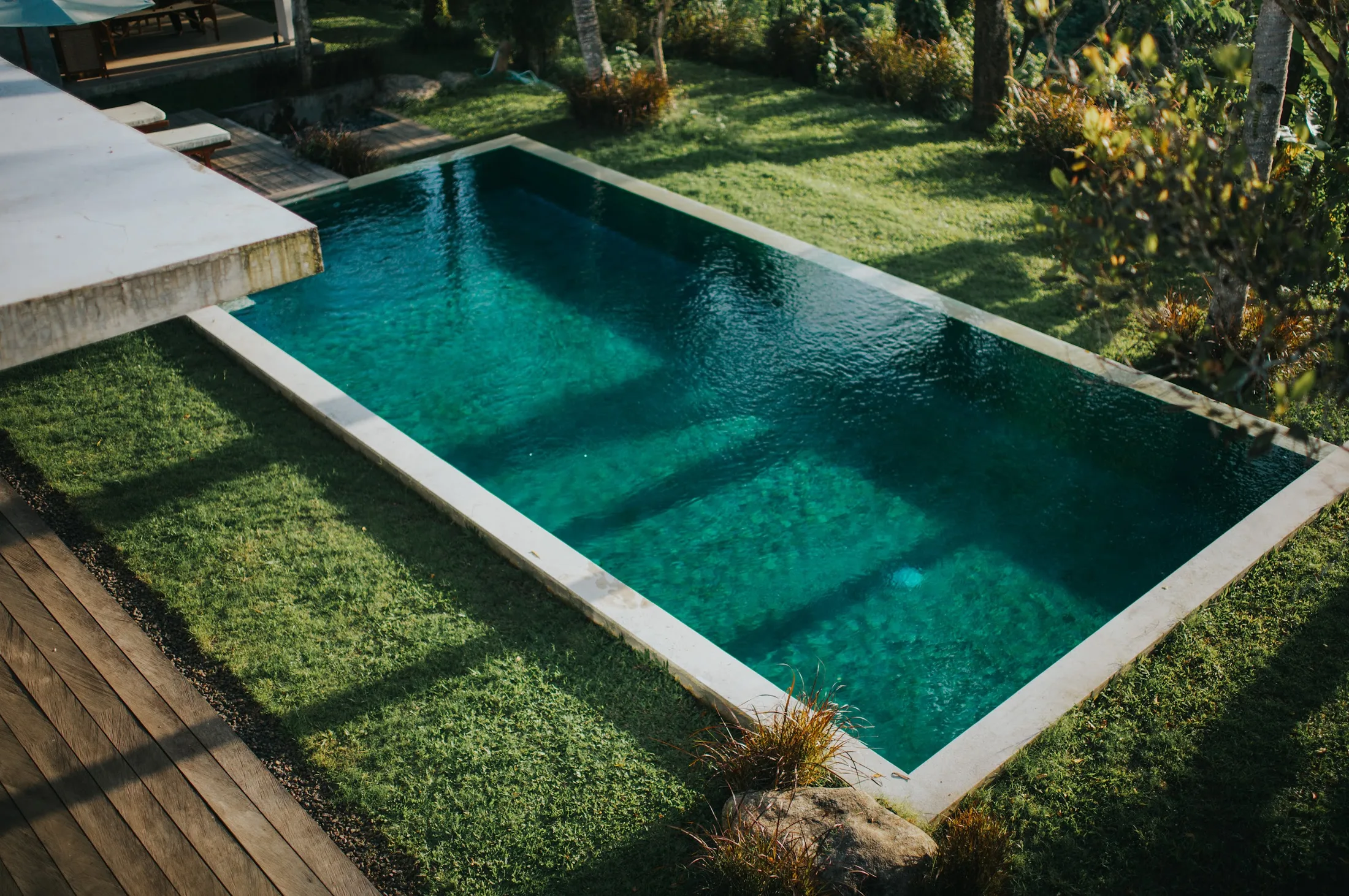 Aerial view of the pool and lawn